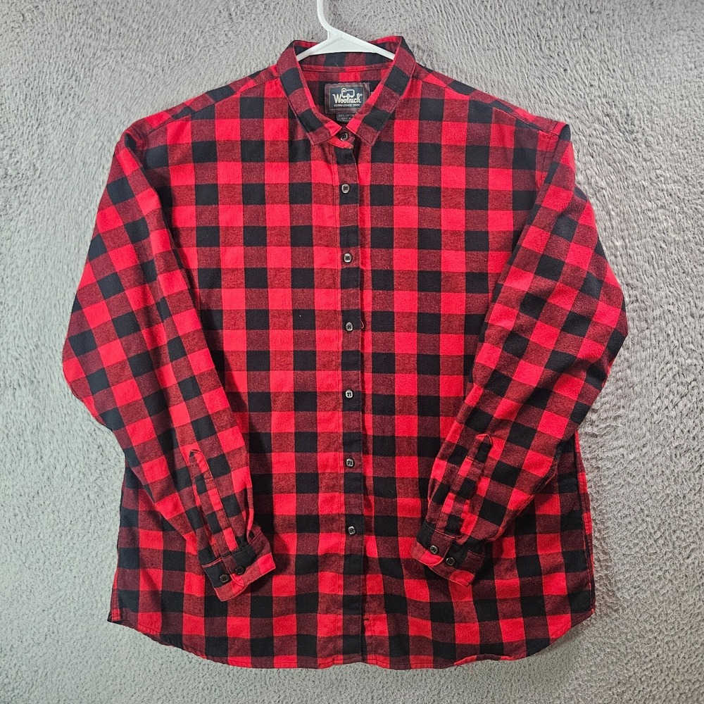 Woolrich Flannel Shirt Women XL Button Up Long Sleeve Black Red Plaid